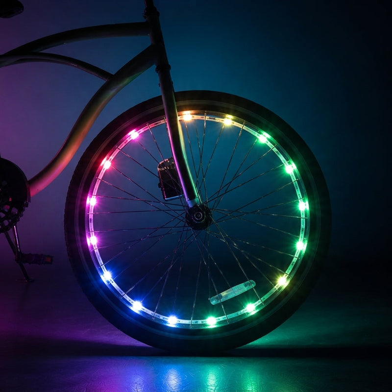 Wheel Brightz Color Select LED light tube glowing in multiple colors around one bicycle wheel.