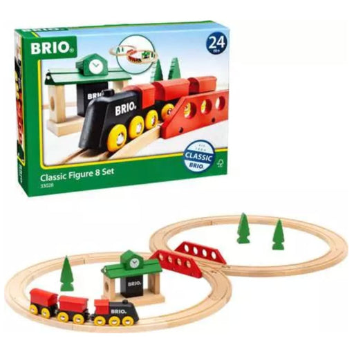 BRIO wooden train set with tracks and packaging on a white background
