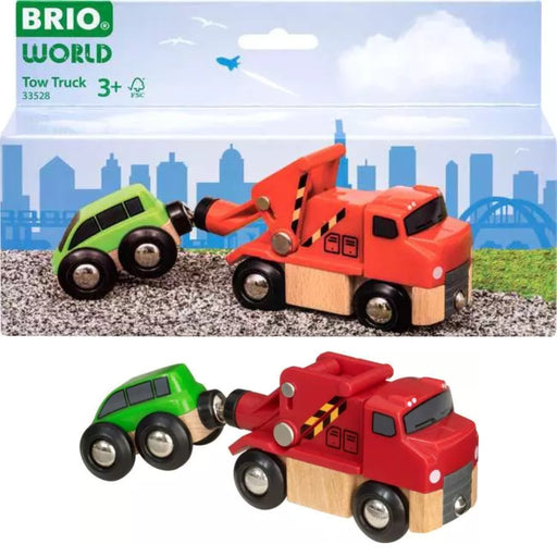 A red wooden toy tow truck and green car set with Brio branding on packaging.