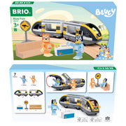 Both front and back of retail boxes for the Brio Bluey Train toy set are shown against a plain white background. The top box shows the front packaging with a colorful illustration of the blue train, kangaroo sign, and Bluey characters.