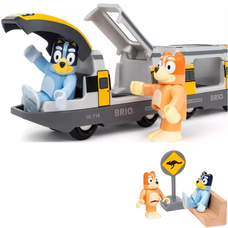 A toy train set featuring a gray, yellow, and black BRIO train with two cartoon animal figures: a blue dog sitting in the open train and an orange kangaroo figure standing beside it. A small inset at the bottom shows the figures and sign closer on a white background.