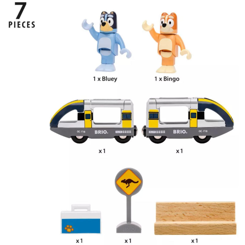 A toy train set shown on a white background with labeled pieces: two small animal figures labeled Bluey and Bingo, two toy trains labeled BRIO, a small cooler, a kangaroo crossing sign, and two wooden blocks. The top left says 7 PIECES.
