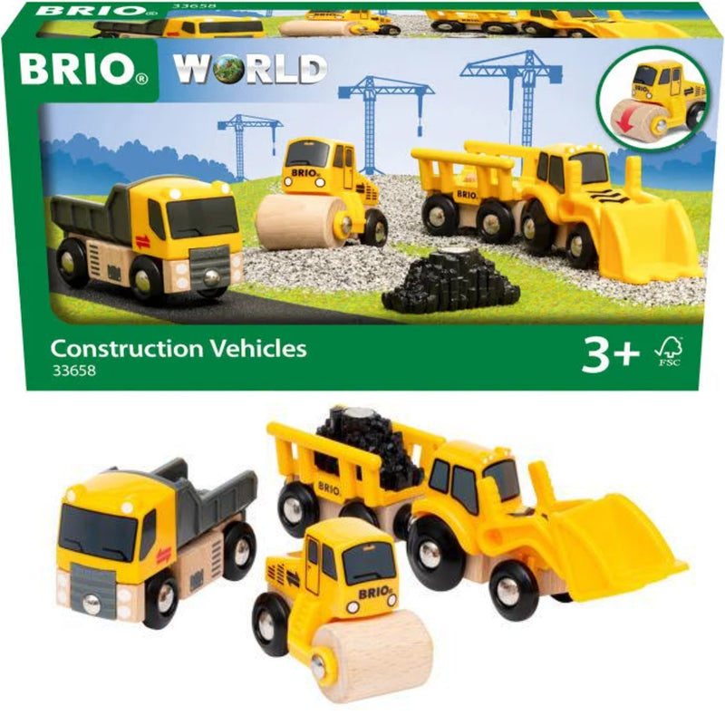 Brio World Construction Vehicles toy set, showing the colorful product box at the top and four wooden construction vehicles arranged below on a white background. The vehicles include a dump truck, a roller, a bulldozer, and a tanker, with the box displaying construction-themed artwork and age 3+ marking.