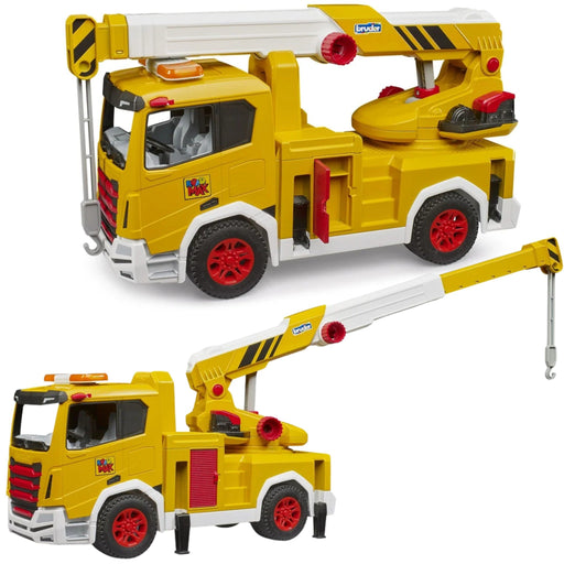 Two views of a yellow and white toy crane truck with red wheels, shown on a plain white background. The top view shows the truck with the crane folded over, and the bottom view shows the truck with the crane extended.
