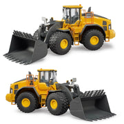 Two views of a yellow and black Volvo wheel loader toy or model shown on a plain white background, with one view showing the front three-quarter and the other showing the side three-quarter.