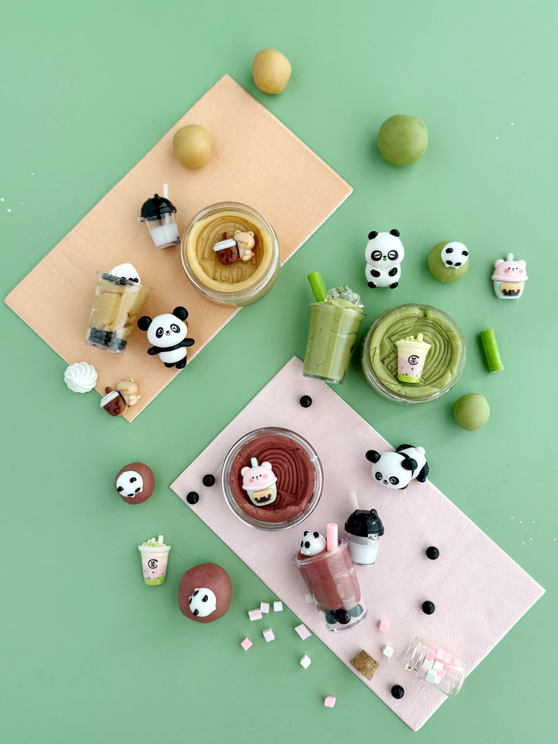 Cute bubble tea themed play dough set with panda characters on colorful background