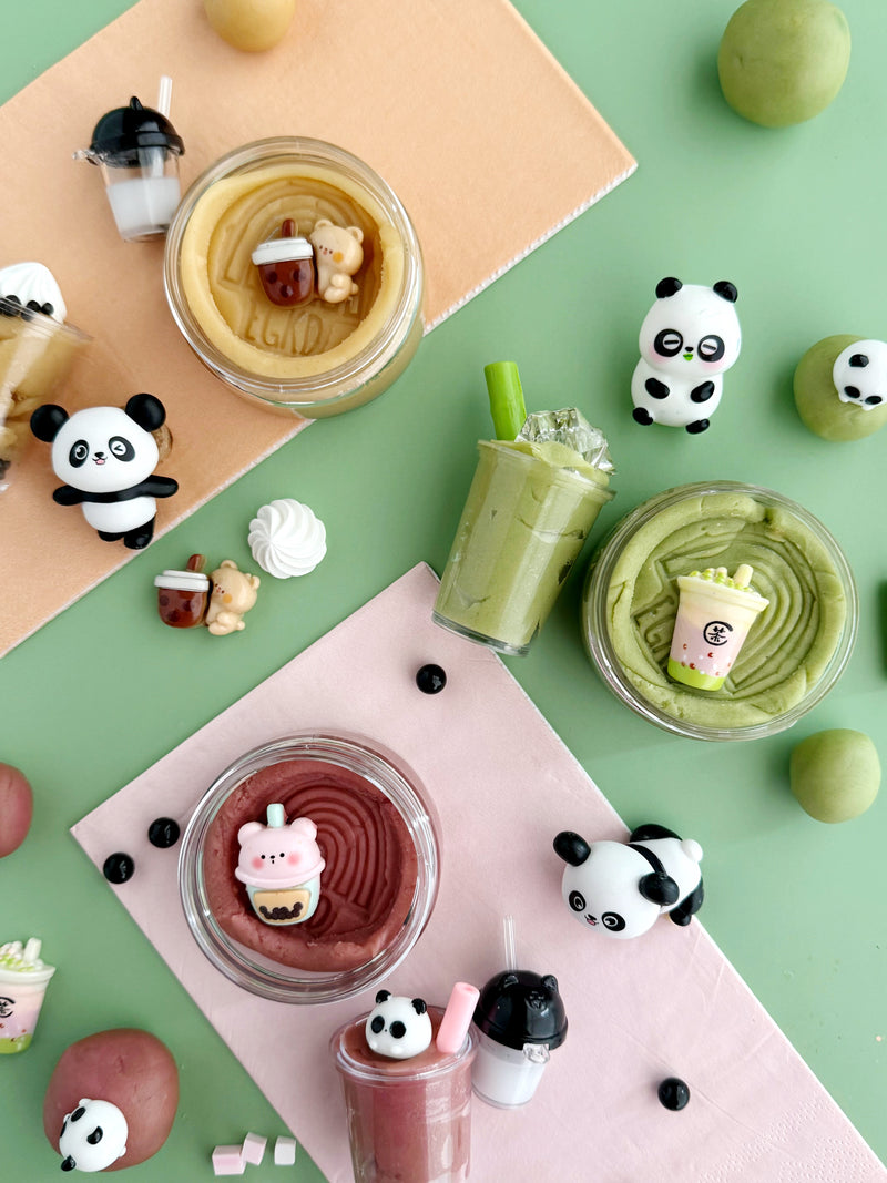 Colorful bubble tea themed play dough set with panda figurines and drink accessories