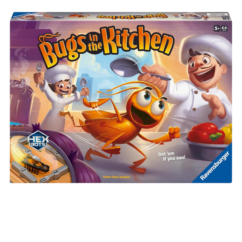Board game box titled 'Bugs in the Kitchen' with cartoon characters and a chef.