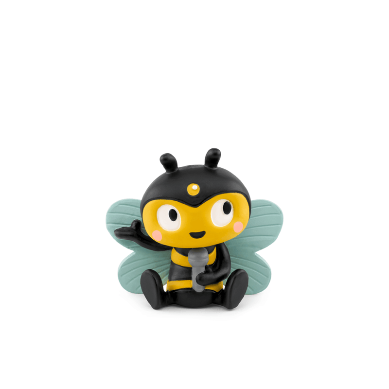 Black and yellow bee-themed Tonie audio character with light blue wings sitting on white background