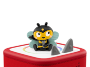 Cute bee character Tonie figurine with wings sitting on red Toniebox speaker