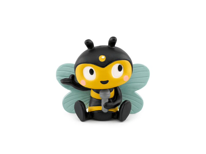 Cute black and yellow bee-themed Tonie figurine with teal wings sitting against white background