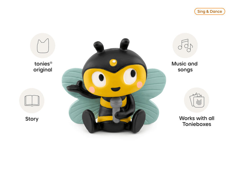 Tonies bee character figure with wings, yellow and black striped design on white background