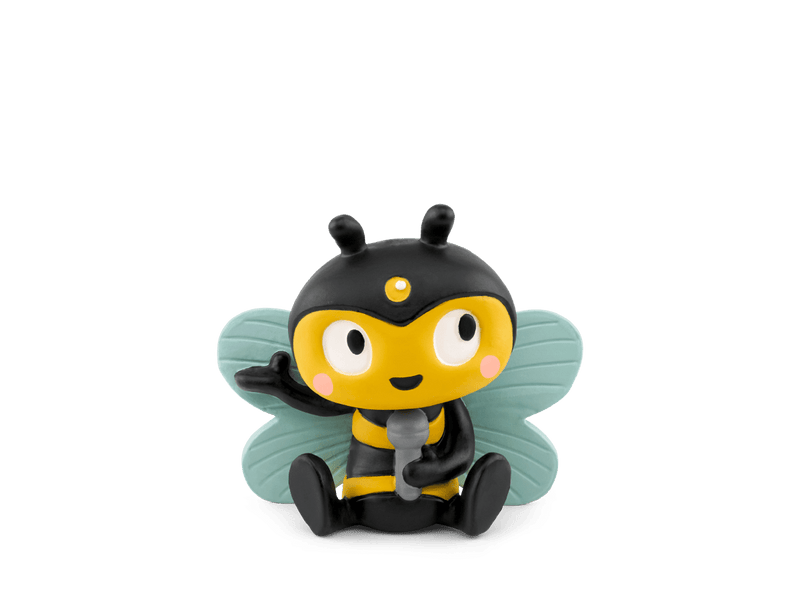 Cute bee-themed Tonie figurine with yellow and black stripes, translucent wings on green background