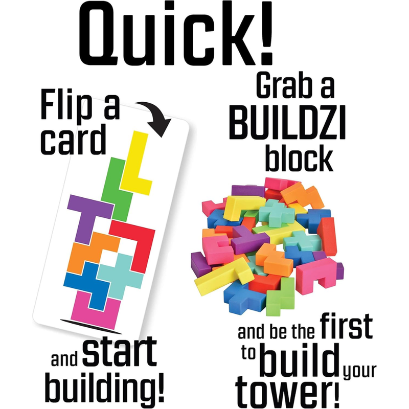 Promotional graphic for BUILDZI block game with colorful blocks and a card.