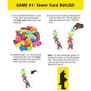 Instructions for a game called 'Tower Card BUILDZI' with colorful building blocks and cards.