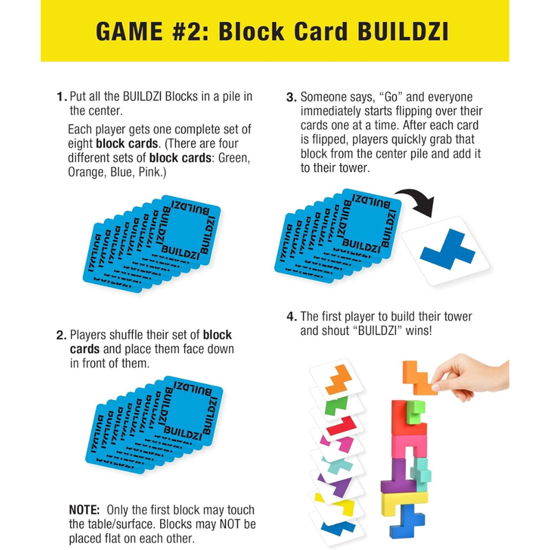 Instructions for a game called 'Block Card BUILDZI' with blue cards and colorful blocks.
