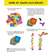 Instructions for a game called Shuffle Card BUILDZI with colorful building blocks and cards.
