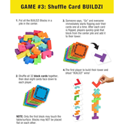 Instructions for a game called Shuffle Card BUILDZI with colorful building blocks and cards.