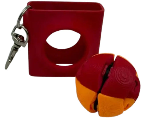 A red backpack clip to hold a Zorbie Pod an orange and red fidget toy pictured on a white background.