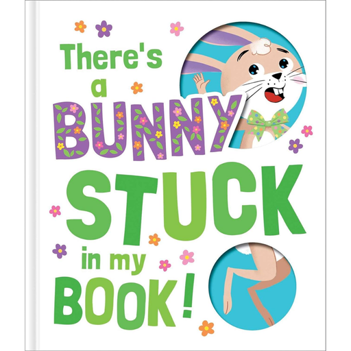 Children's book cover with a cartoon bunny and text 'There's a Bunny Stuck in My Book!'