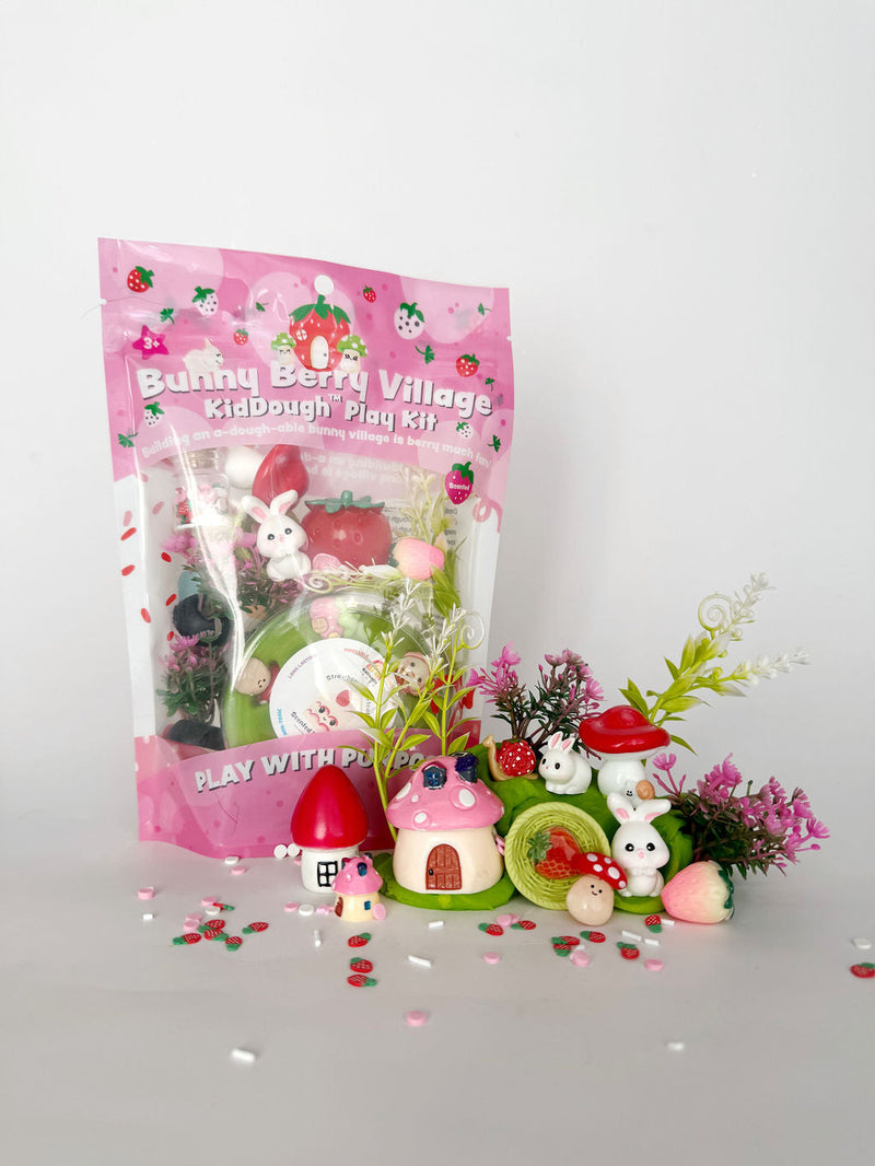 Bunny Berry Village KidDough Play Kit with pink packaging and miniature village accessories