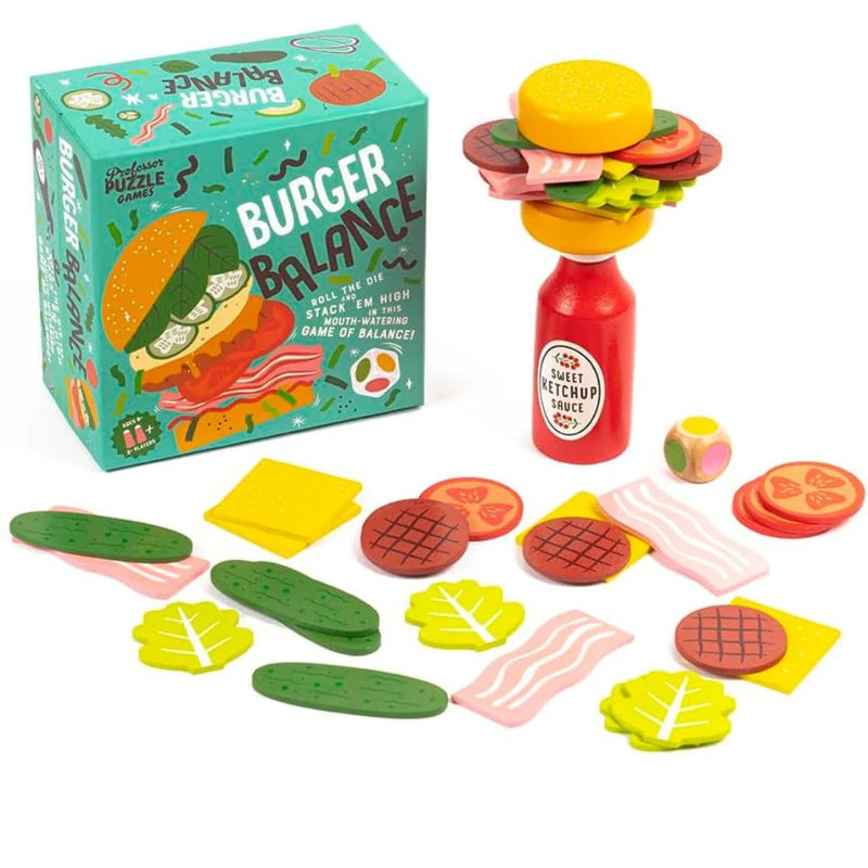 Burger Balance game by Professor Puzzle with wooden food pieces and ketchup bottle base