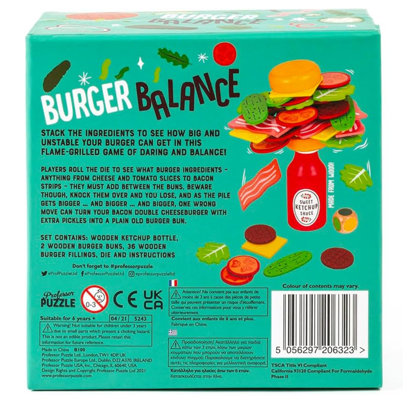 Box of Burger Balance game with colorful illustrations and text.