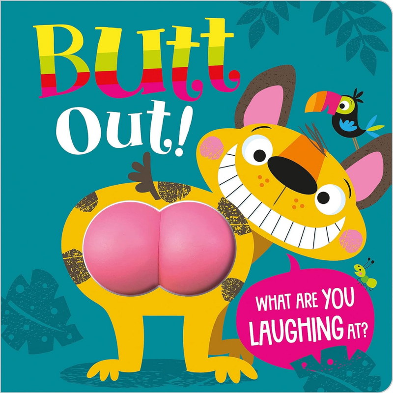 Children's book cover with a cartoon animal and colorful text on a blue background.