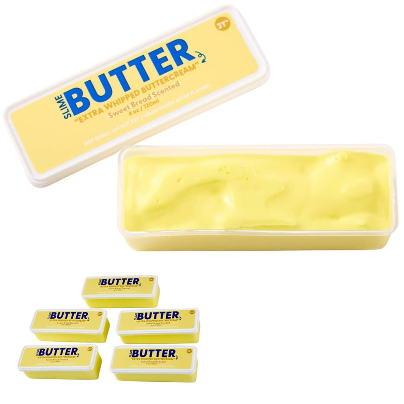 Butter like container with a lid labeled 'Extra-Whipped Butter Cream' slime/squishy on a white background.
