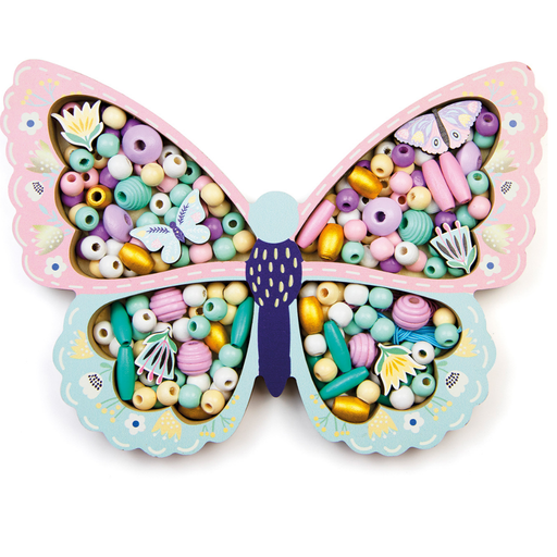 Butterfly-shaped container from Speedy Monkey filled with colorful wooden beads on a white .