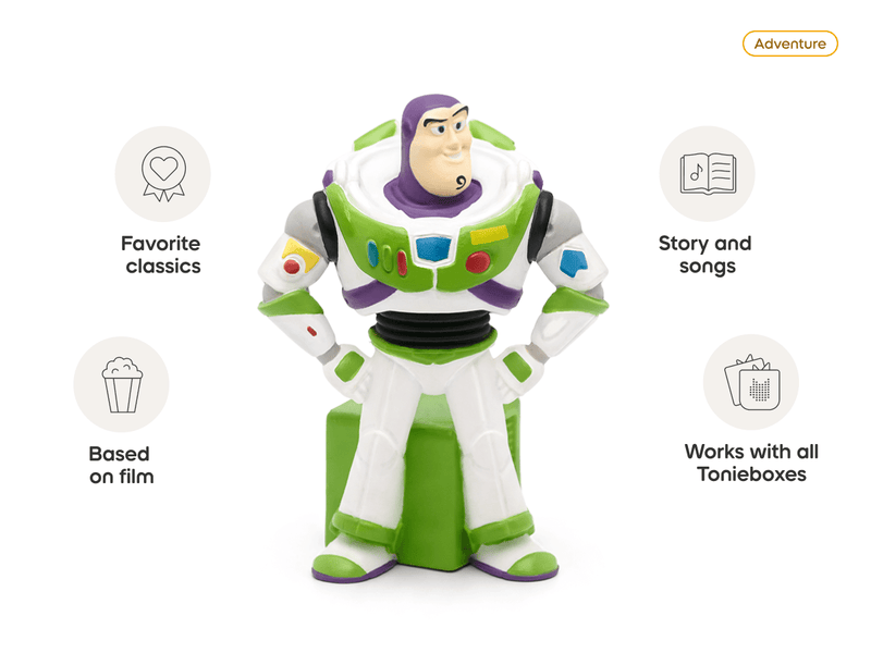 Buzz Lightyear Tonie figure with feature callouts showing adventure, classics, stories and compatibility