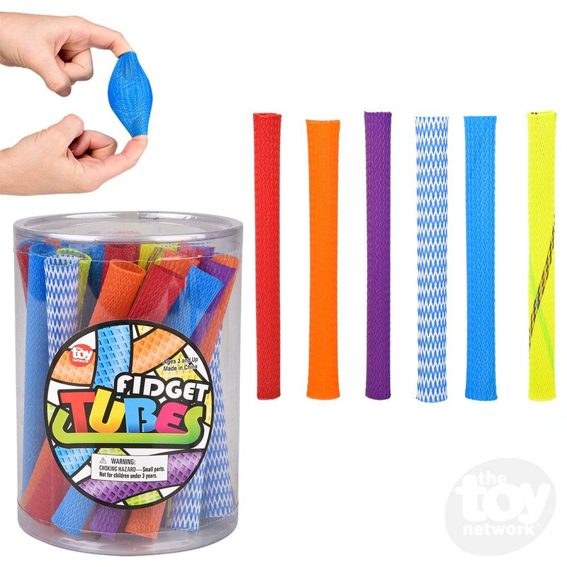 Fidget Tubes sensory toys in multiple colors with clear storage container showing stretchy mesh texture