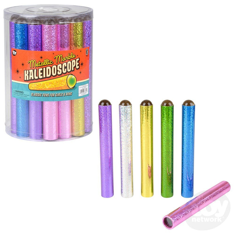 Metallic Marble Kaleidoscopes in assorted glitter colors displayed with cylinder container packaging