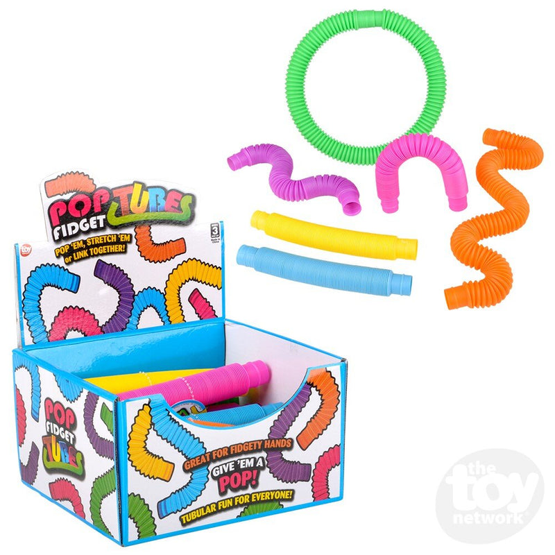 Pop Fidget Tubes in multiple colors with packaging box showing stretchy sensory toys