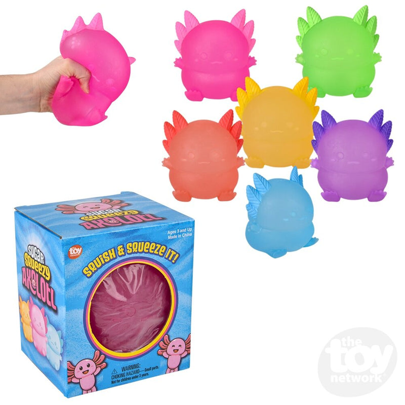 Colorful squishy axolotl toys in various colors with packaging box showing squish and squeeze feature