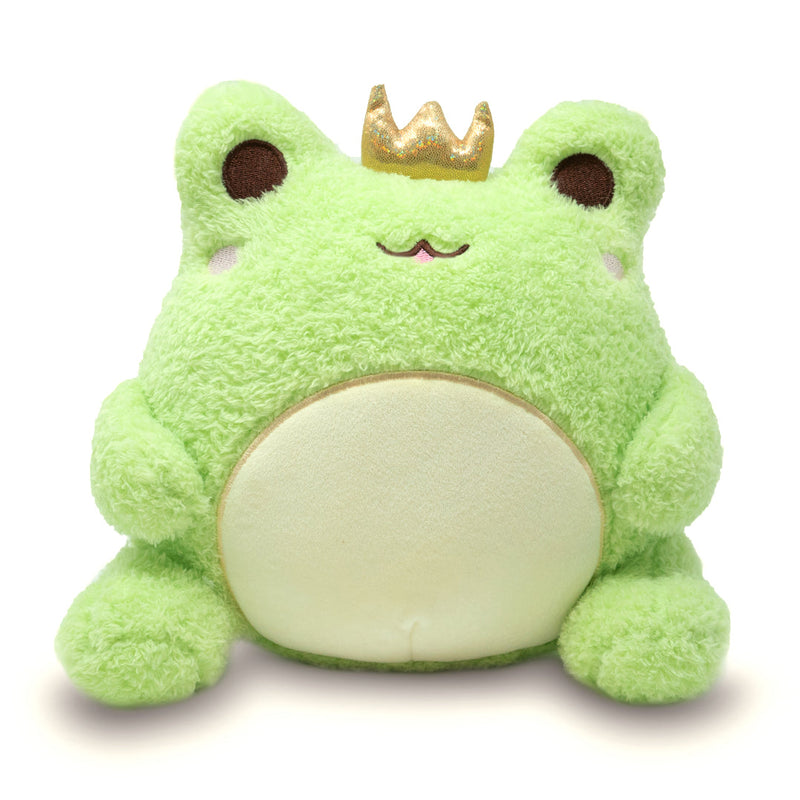 Green plush frog toy with golden crown and cream belly sitting upright