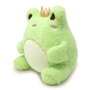 Green plush frog toy with golden crown sitting upright on white background