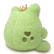 Green plush frog stuffed animal with golden crown and heart face details