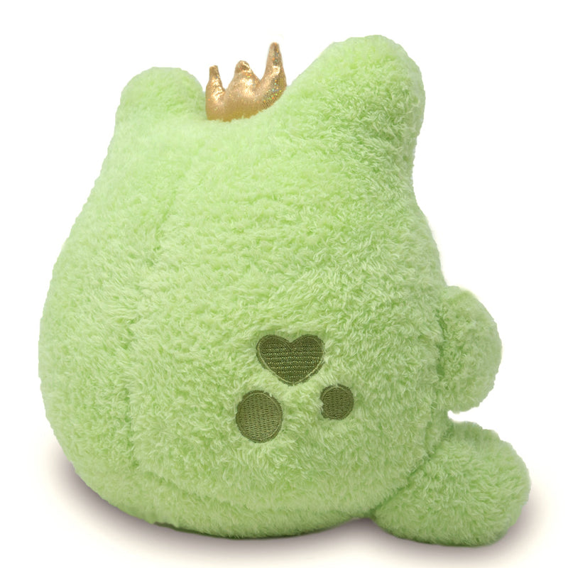 Green plush frog stuffed animal with golden crown and heart face details