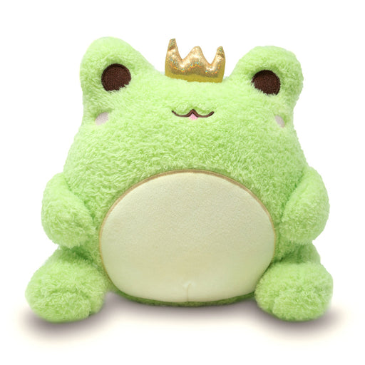 Green plush frog toy with golden crown and cream belly sitting upright