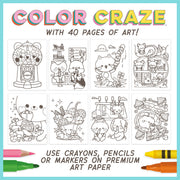 Color Craze coloring book cover showing 8 cute kawaii-style illustrations ready to color