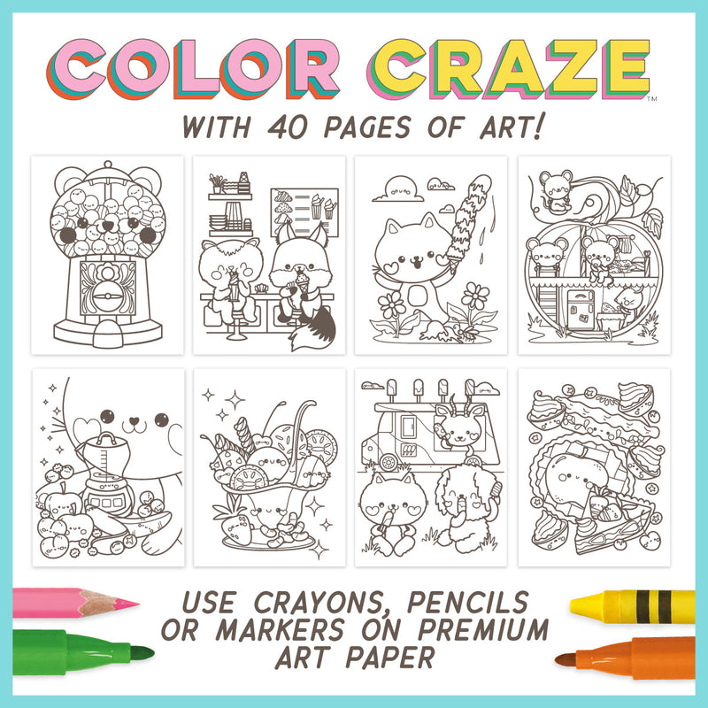 Color Craze coloring book cover showing 8 cute kawaii-style illustrations ready to color
