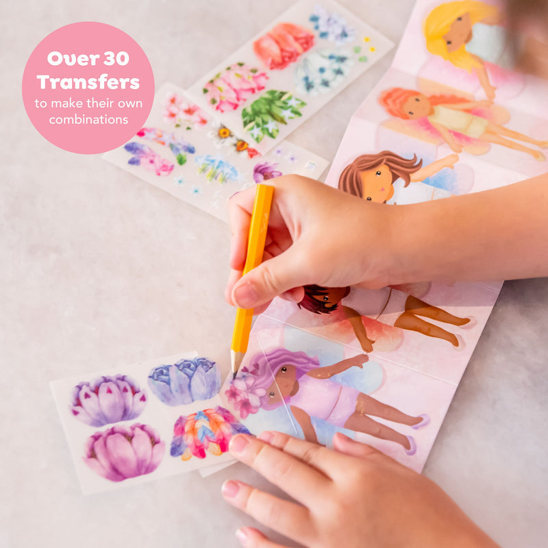 Child using Mini Transfer Magic Flower Fairies craft kit with fairy transfers and coloring tools