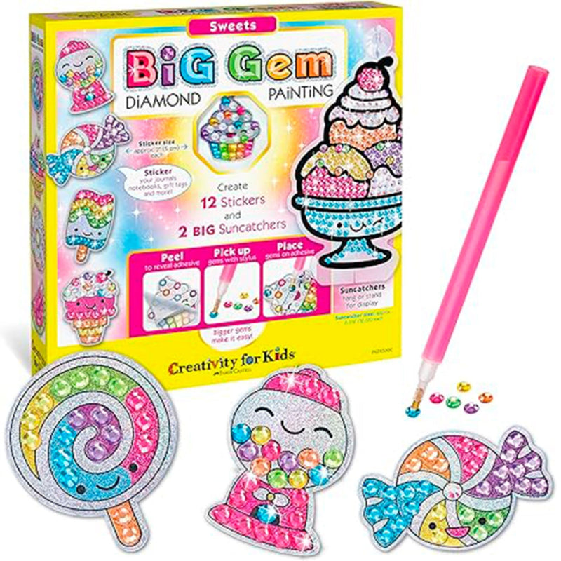 Creativity for Kids Big Gem Diamond Painting kit for kids, featuring a colorful yellow box, a pink diamond painting pen, and three completed glittery suncatcher stickers shown in front.