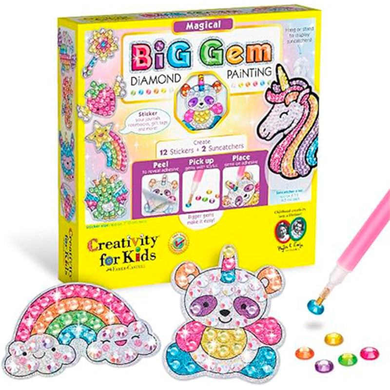 A kids' diamond painting kit box labeled 'Magical Big Gem Diamond Painting' shown on a white background, with a pink paint pen, small gem beads, and sample painted designs including a unicorn and rainbow clouds in front.
