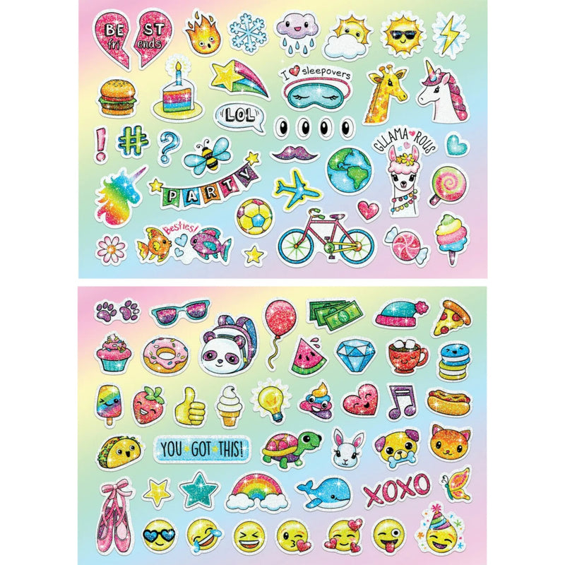 Two sheets of colorful cartoon stickers on a pastel rainbow gradient background. The stickers include hearts, unicorns, a bicycle, a panda, pizza, strawberries, stars, smiley faces, and other playful icons in bright pastel and neon tones.