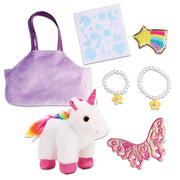 Set of items including a purple handbag, plush unicorn, stickers, and decorative pieces on a white background