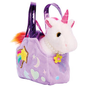 Unicorn plush toy in a purple bag with decorative elements