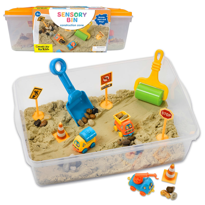 Creativity for Kids Sensory Bin Construction Zone with sand, toy trucks, signs, and tools