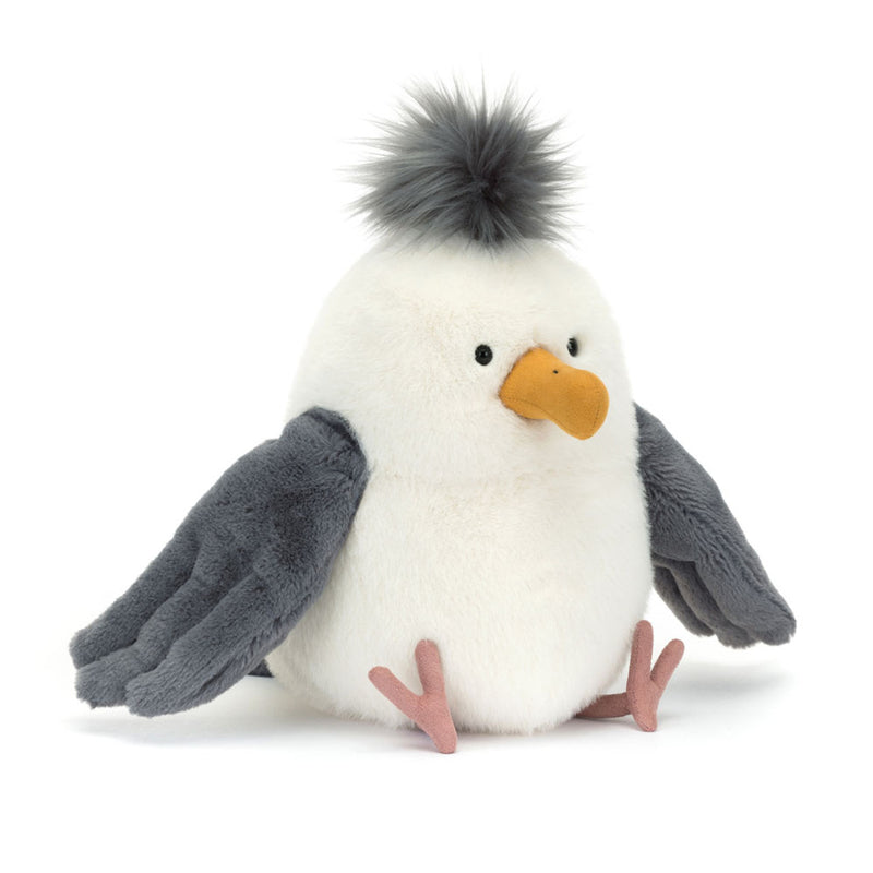 Jellycat Chip Seagull plush toy with white body, gray wings, orange beak, and gray pom-pom